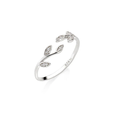 Anello aperto Amen in argento con foglie e zirconi bianchi Regolabile dalla 10 alla 14