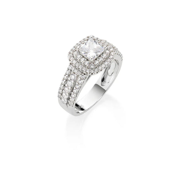 Anello a fascia Amen in argento con zircone taglio princess 14