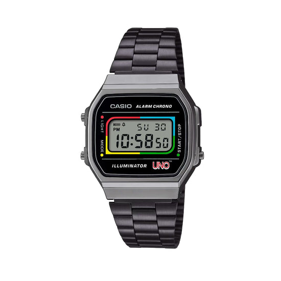 Orologio digitale Casio Vintage UNO Mattel unisex in acciaio nero A168WEUC-1AER-1