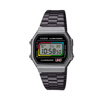 Orologio digitale Casio Vintage UNO Mattel unisex in acciaio nero A168WEUC-1AER-1