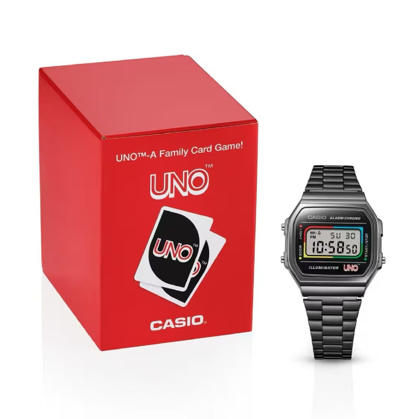 Orologio digitale Casio Vintage UNO Mattel unisex in acciaio nero A168WEUC-1AER-5