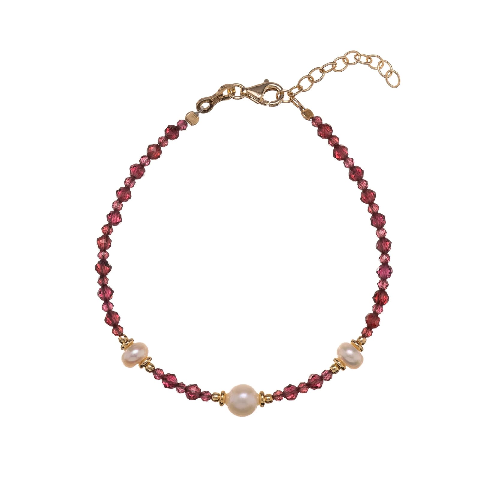 Bracciale Alisia in argento dorato pietre di granato e perle Regolabile 15,5-18,5 cm