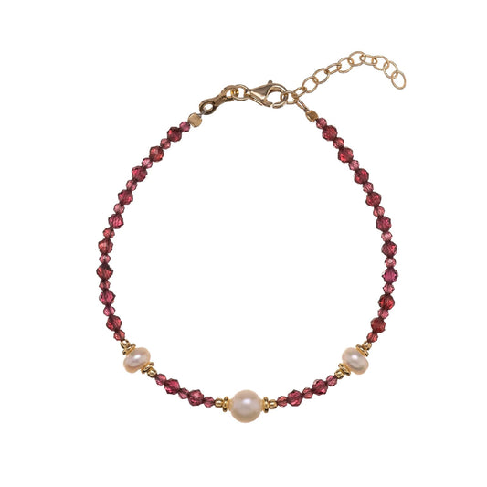 Bracciale Alisia in argento dorato pietre di granato e perle Regolabile 15,5-18,5 cm