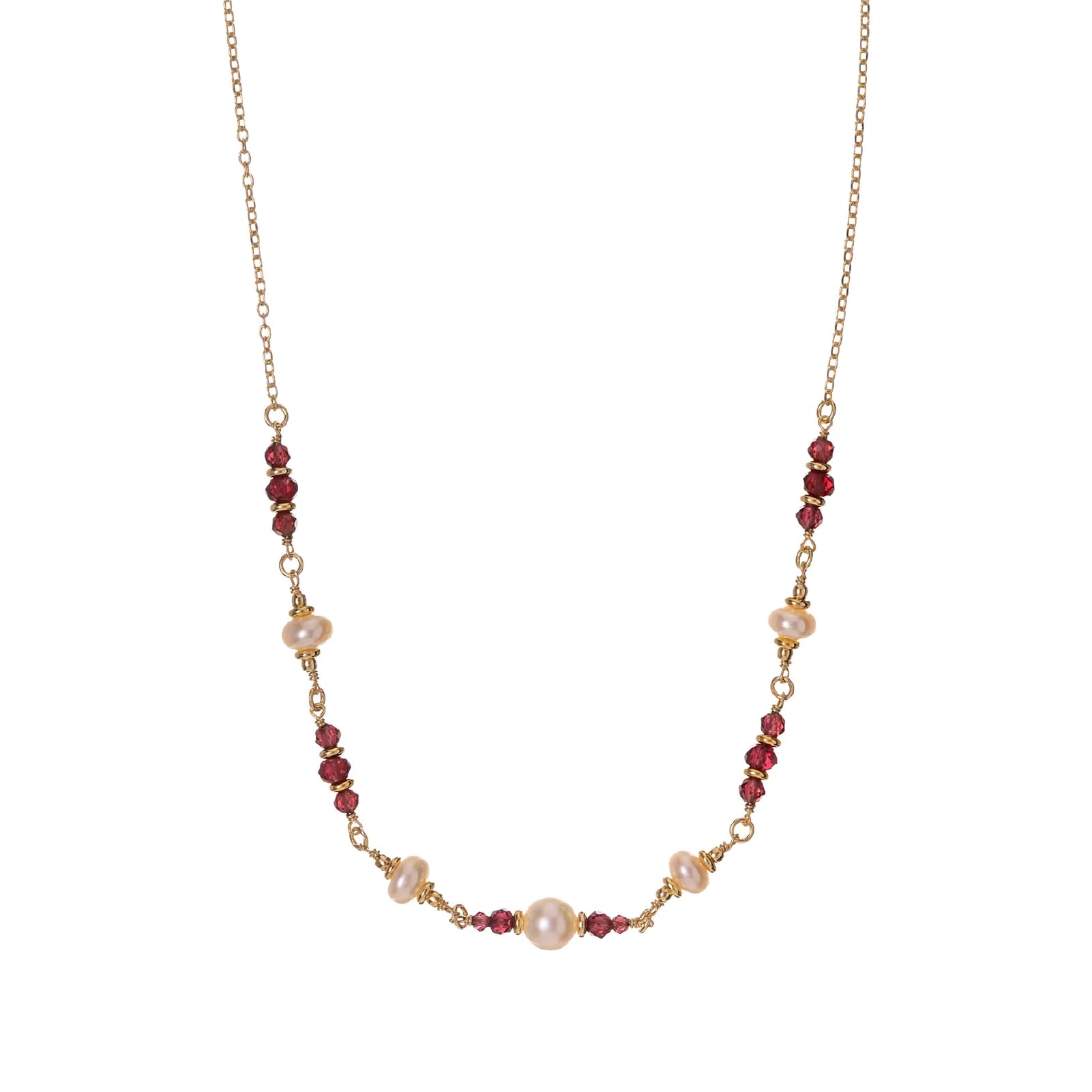 Collana Alisia catena argento dorato perle e pietre granato MISURA UNICA