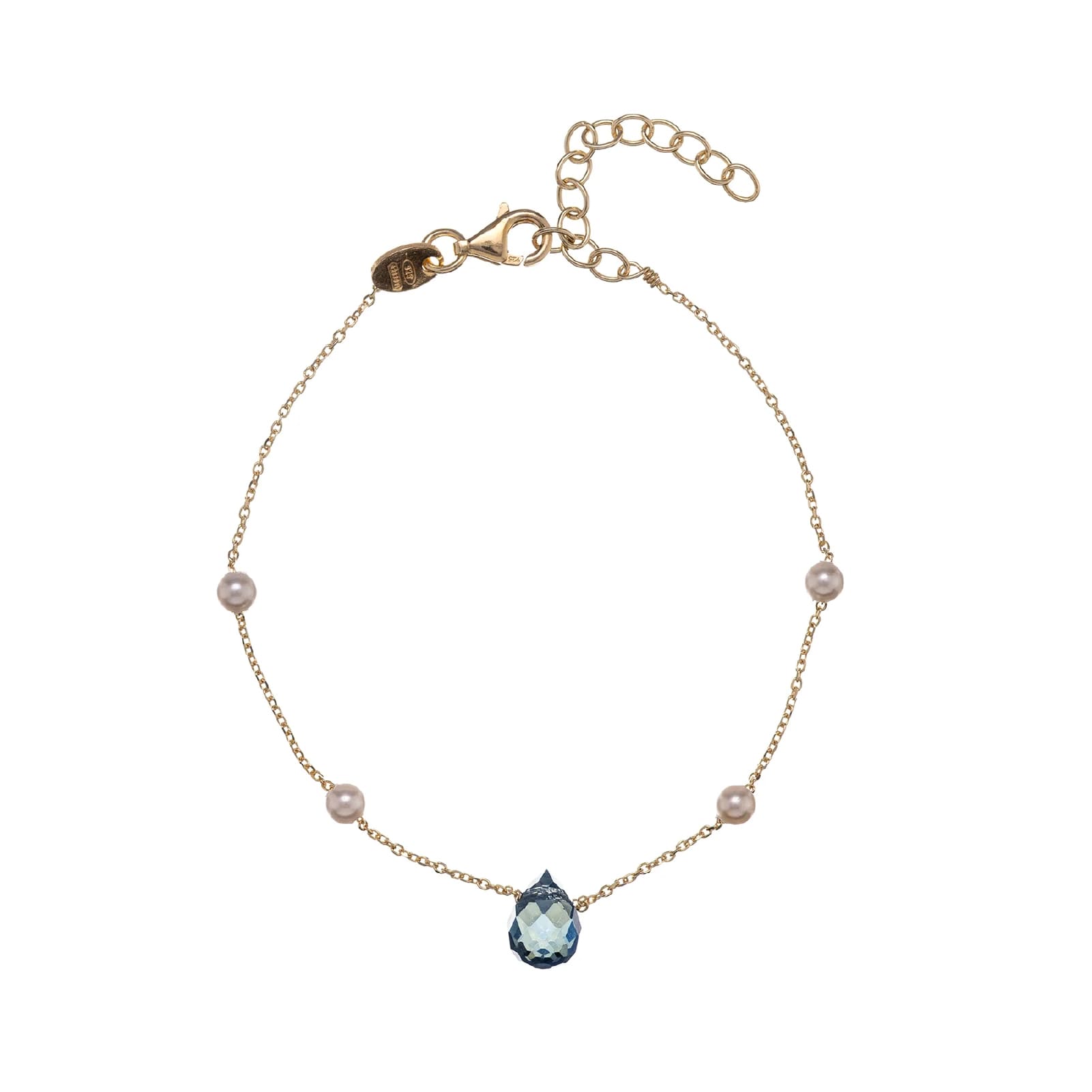 Bracciale catena Alisia in argento dorato perle e zircone blu Regolabile 15,5-18,5 cm