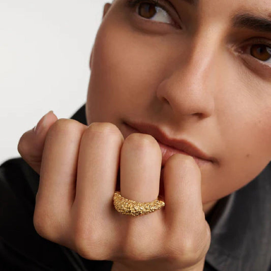 Anello PDPAOLA Duna Ring donna argento dorato forma fluida con texture ruvida AN01-B71-2