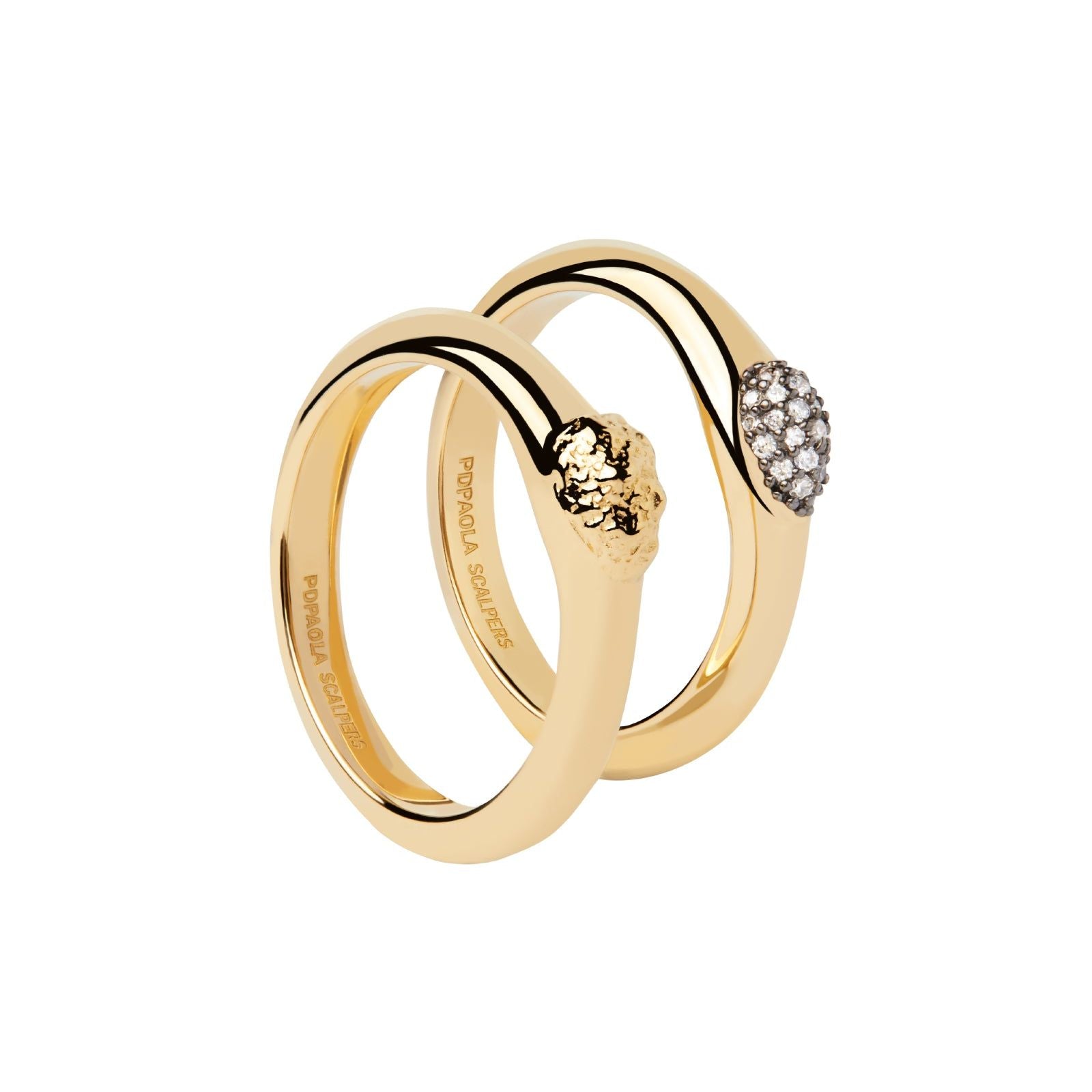 Set anelli PDPAOLA The Rock Ring donna argento dorato pavé zirconi e texture fusa AN01-B79-1