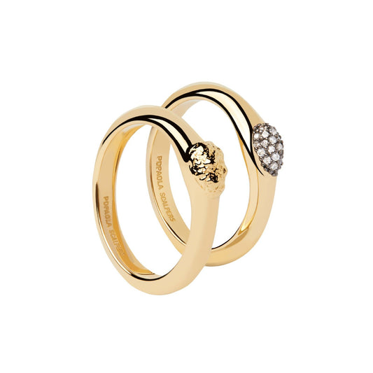 Set anelli PDPAOLA The Rock Ring donna argento dorato pavé zirconi e texture fusa AN01-B79-1