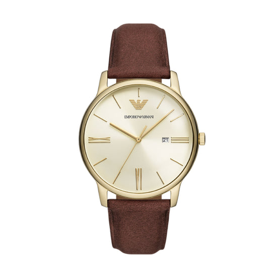 Orologio Armani in acciaio dorato e cinturino pelle marrone MISURA UNICA