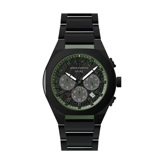 Orologio crono Armani Exchange Sync acciaio nero dettagli verdi MISURA UNICA