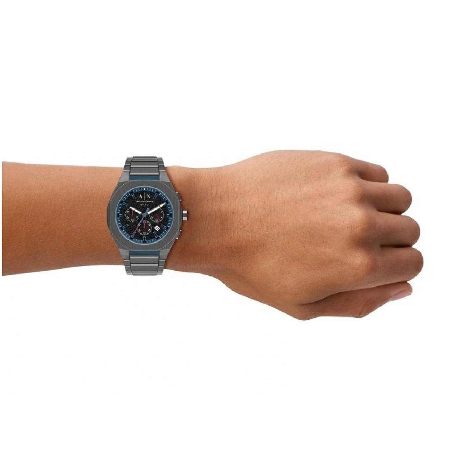 Orologio crono Armani Exchange Sync acciaio ip gun dettagli blu MISURA UNICA