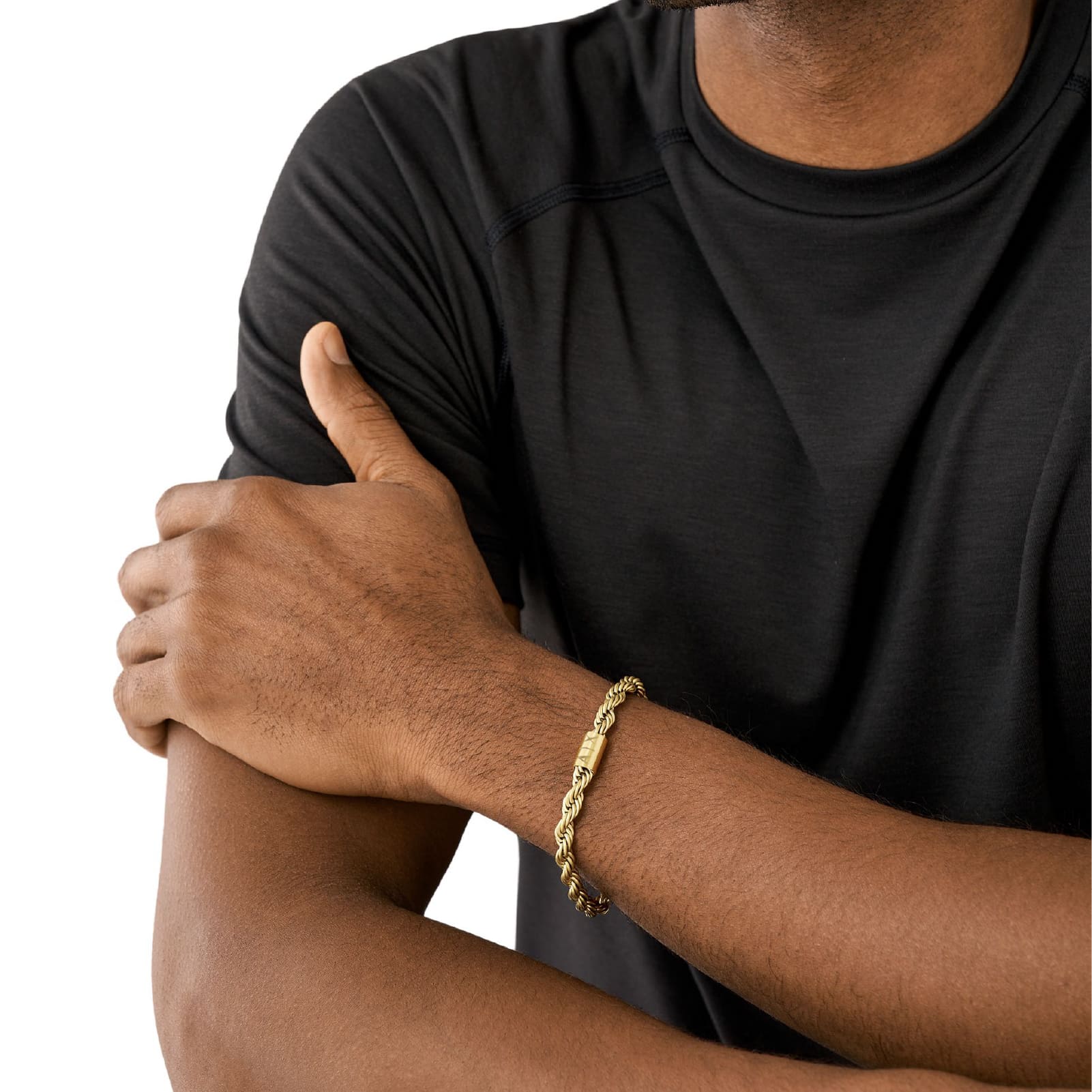 Bracciale Armani Exchange maglia corda acciaio dorato e logo 19,5 cm