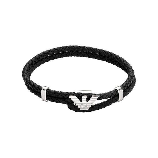Bracciale Armani pelle nera con corda eagle centrale uomo 20 cm