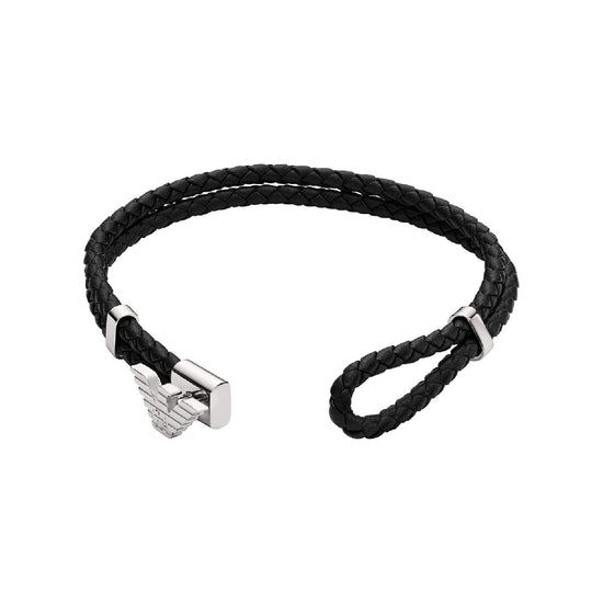 Bracciale Armani pelle nera con corda eagle centrale uomo 20 cm