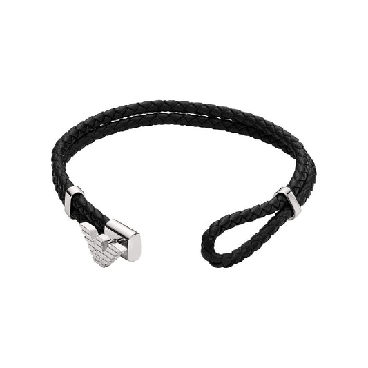 Bracciale Armani pelle nera con corda eagle centrale uomo 20 cm