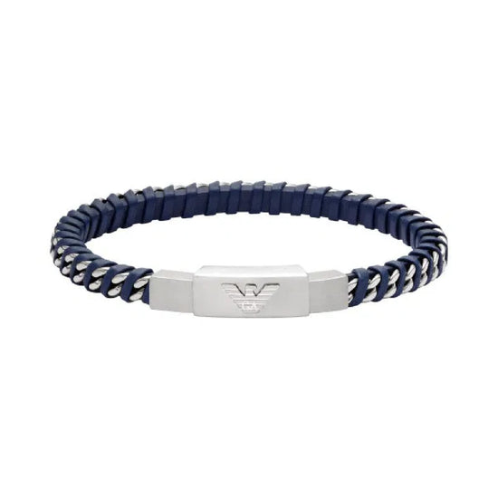 Bracciale Armani acciaio e pelle blu con logo centrale uomo 20 cm