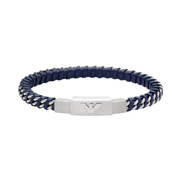 Bracciale Armani acciaio e pelle blu con logo centrale uomo 20 cm