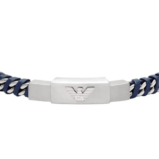 Bracciale Armani acciaio e pelle blu con logo centrale uomo 20 cm