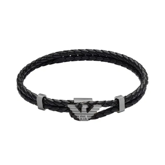 Bracciale Armani pelle nera doppia corda eagle argento uomo 21 cm