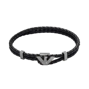 Bracciale Armani pelle nera doppia corda eagle argento uomo 21 cm