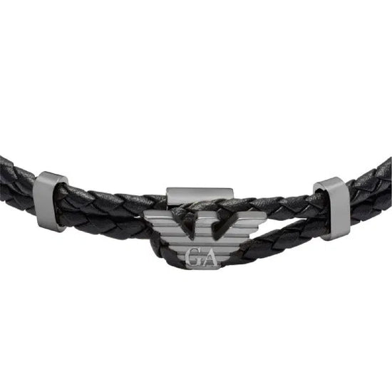 Bracciale Armani pelle nera doppia corda eagle argento uomo 21 cm