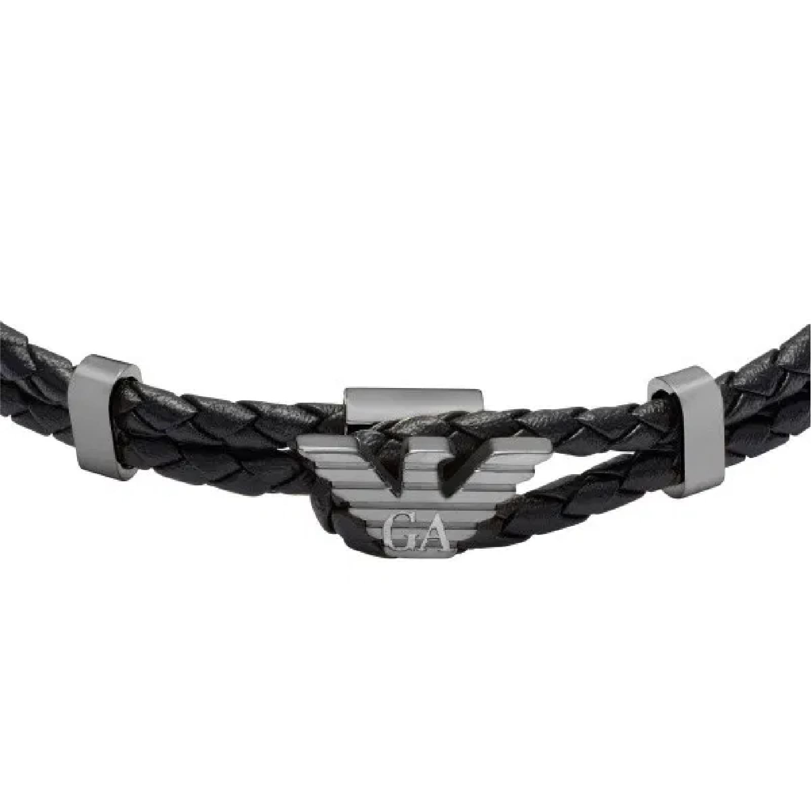 Bracciale Armani pelle nera doppia corda eagle argento uomo 21 cm