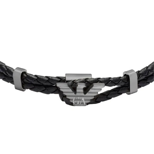 Bracciale Armani pelle nera doppia corda eagle argento uomo 21 cm