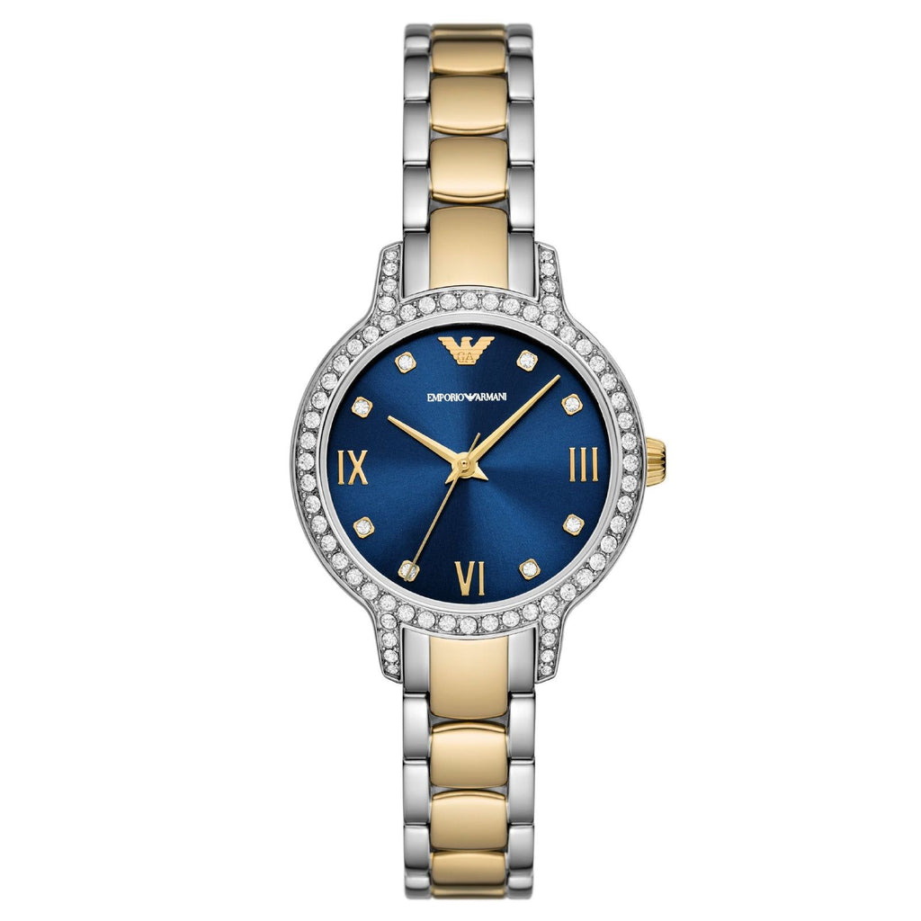 Orologio solo tempo in acciaio Emporio Armani da donna di colore blu, oro e argento con cristalli su quadrante e ghiera AR11576