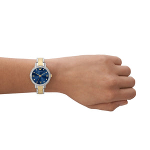 Orologio solo tempo in acciaio Emporio Armani da donna di colore blu, oro e argento con cristalli su quadrante e ghiera AR11576