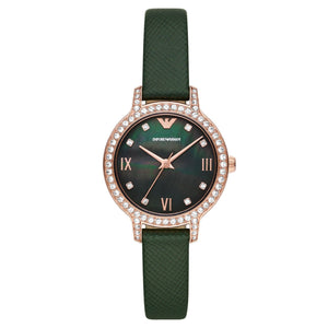 Orologio solo tempo in acciaio e pelle Emporio Armani da donna di colore verde e oro rosa con cristalli su quadrante e ghiera AR11577