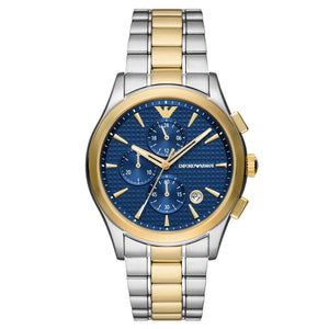 Orologio cronografo in acciaio Emporio Armani da uomo di colore blu, oro e argento con datario sul quadrante AR11579