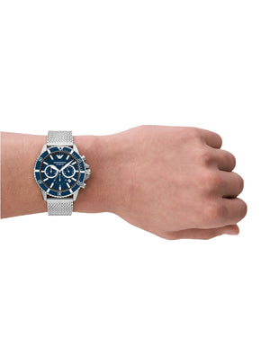 Orologio cronografo da uomo Emporio Armani con cassa 43mm e bracciale mesh in acciaio con quadrante blu AR11587