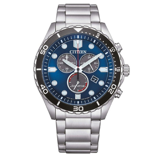 Orologio crono uomo Citizen Sporty in acciaio quadrante blu lunetta nera 43mm AT2560-84L-1