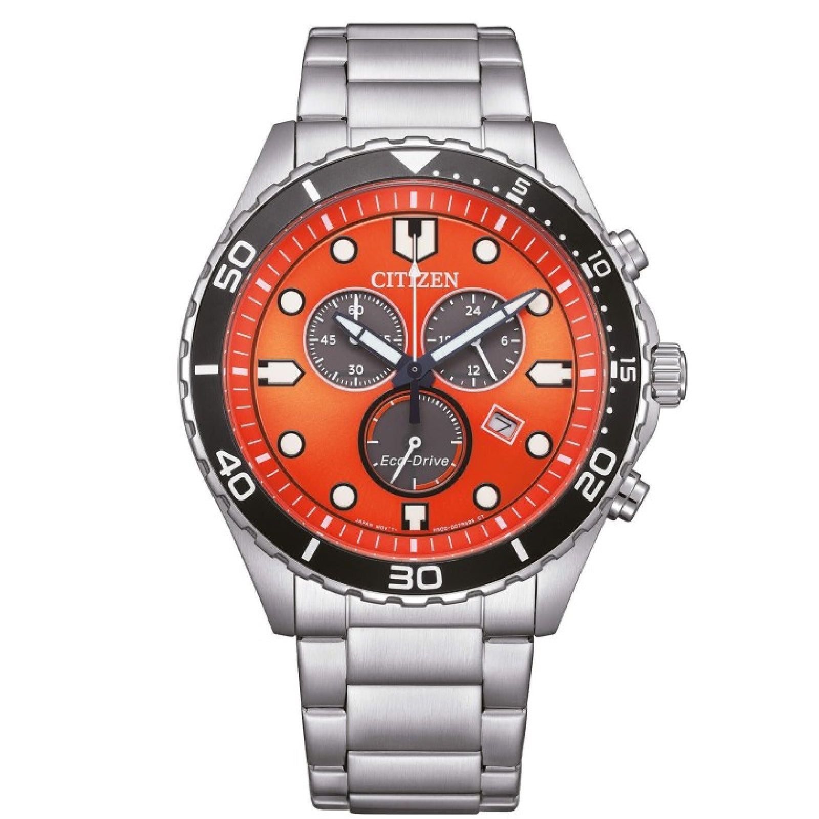 Orologio crono uomo Citizen Sporty in acciaio quadrante arancione lunetta nera 43mm AT2560-84X-1