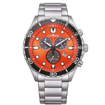 Orologio crono uomo Citizen Sporty in acciaio quadrante arancione lunetta nera 43mm AT2560-84X-1