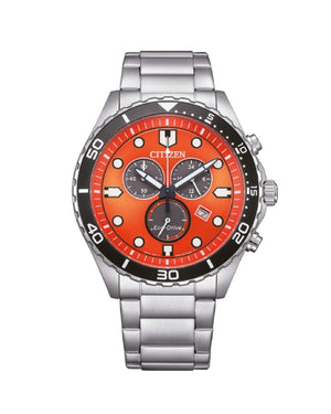 Orologio cronografo da uomo Citizen Sporty con cassa 43 mm e bracciale in acciaio con quadrante arancione e lunetta nera AT2560-84X