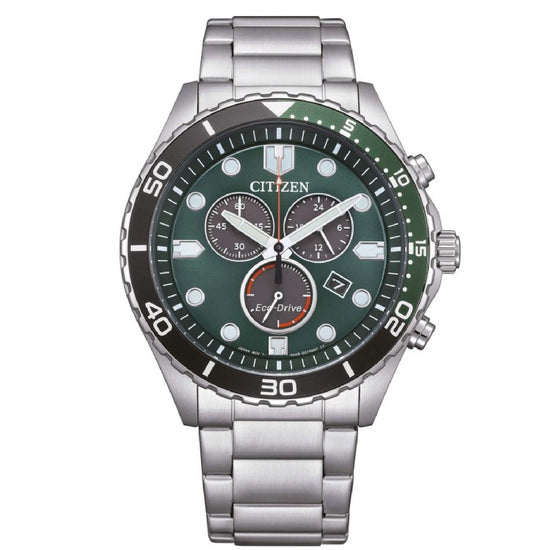 Orologio crono uomo Citizen Sporty in acciaio quadrante verde lunetta nera 43mm AT2561-81X-1