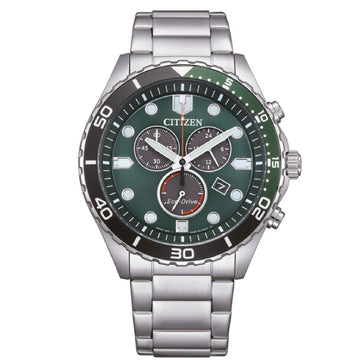 Orologio crono uomo Citizen Sporty in acciaio quadrante verde lunetta nera 43mm AT2561-81X-1