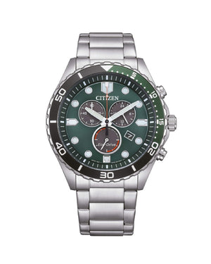 Orologio cronografo da uomo Citizen Sporty con cassa 43 mm e bracciale in acciaio con quadrante verde e lunetta nera AT2561-81X