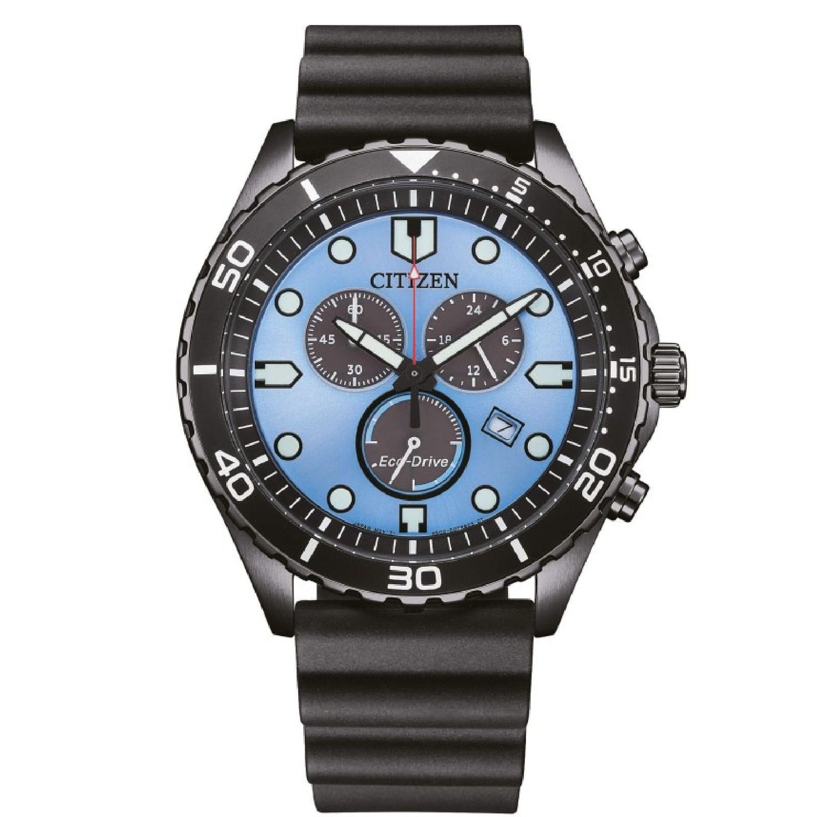 Orologio crono uomo Citizen Sporty in acciaio e pu nero con quadrante azzurro 43mm AT2567-18L-1