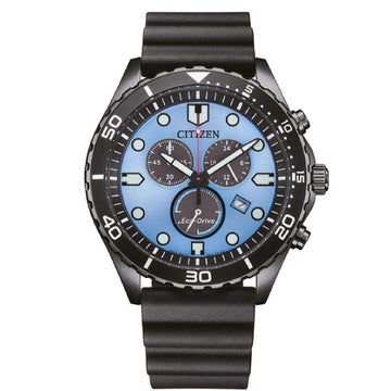 Orologio crono uomo Citizen Sporty in acciaio e pu nero con quadrante azzurro 43mm AT2567-18L-1