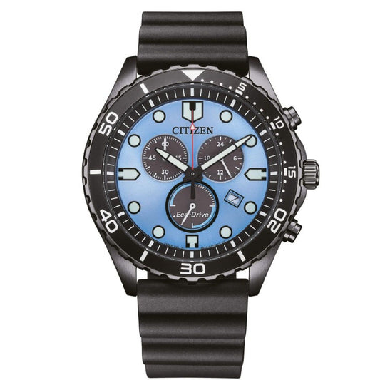 Orologio crono uomo Citizen Sporty in acciaio e pu nero con quadrante azzurro 43mm AT2567-18L-1