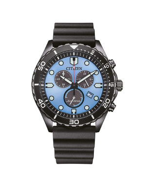 Orologio cronografo da uomo Citizen Sporty con cassa 43 mm acciaio pvd nero e cinturino PU nero con quadrante azzurro AT2567-18L