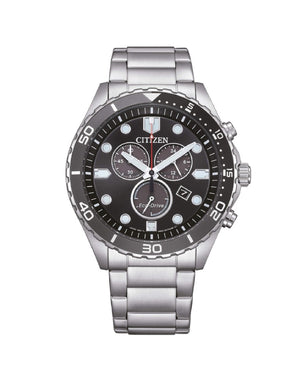 Orologio cronografo da uomo Citizen Sporty con cassa 43 mm e bracciale in acciaio con quadrante nero e lunetta nera AT2568-82E