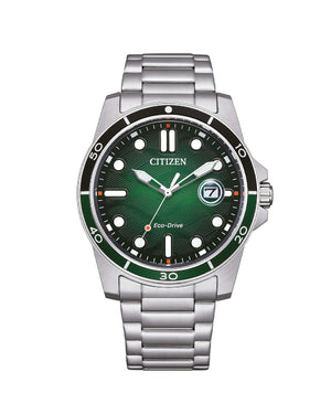 Orologio solo tempo da uomo Citizen Sporty con cassa 42 mm e bracciale in acciaio con quadrante verde a onde AW1811-82X