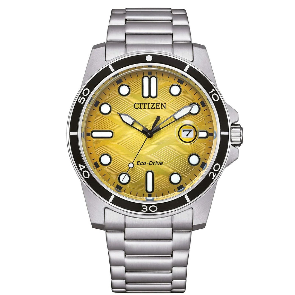 Orologio solo tempo da uomo Citizen Sporty con cassa 42 mm e bracciale in acciaio con quadrante giallo a onde AW1816-89X