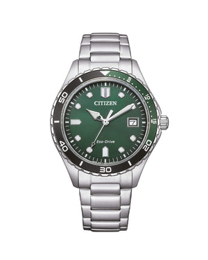Orologio solo tempo da uomo Citizen Sporty con cassa 37 mm e bracciale in acciaio con quadrante verde AW1828-80X