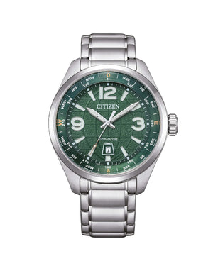Orologio solo tempo da uomo Citizen Outdoor con cassa 42,5 mm e bracciale in acciaio con quadrante verde AW1830-88X