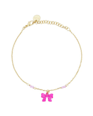 Bracciale catena da donna Rue Des Mille Candy Bow in argento 925 dorato con ciondolo a forma di fiocco fucsia e cristalli rosa BR-022.M1.V.AU