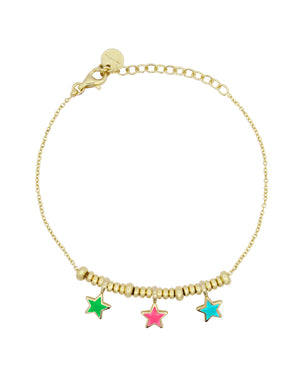 Bracciale catena da donna Rue Des Mille ColorFun in argento 925 dorato con tre ciondoli a stella multicolor e micro anelli BR-023.3STE.AU